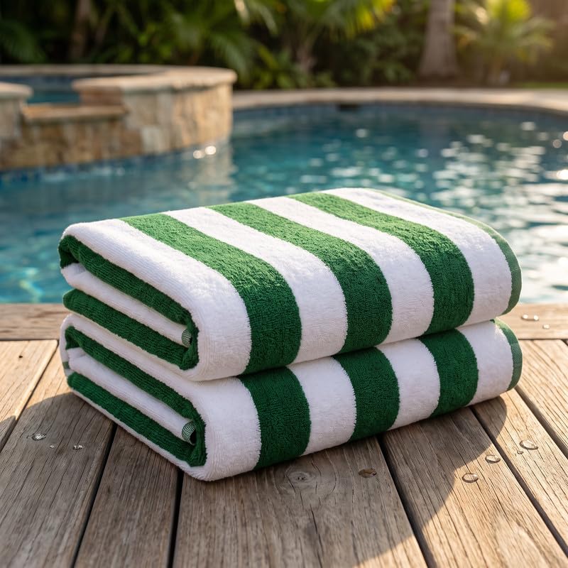 Image of TowelWala Extra Large Cotton Pool & Bath Towel | 180x90 cm | 450 GSM Cotton | Quick Drying & Highly Absorbent | Striped Design for Adults | TW PT GRN Pack 1