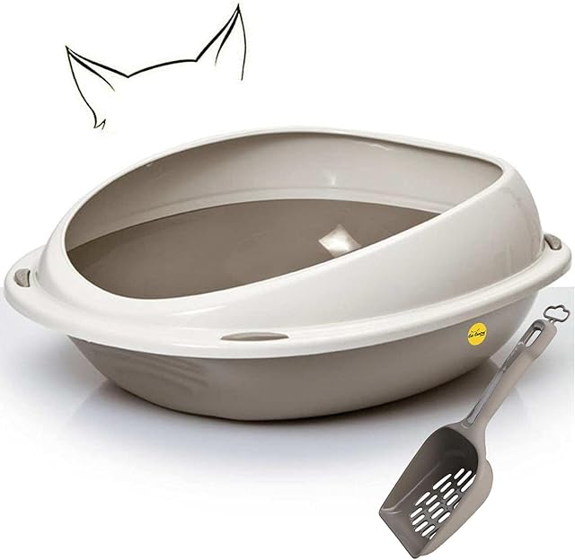 Grey Large Cat Open Litter Tray With Rim +Litter Scoop Bundle Kitten Pet Toilet Plastic Loo Pan Box Set Anti-Spillage Lowered Entry Step Rounded Corners Detachable Rim Easy Cleaning CatCentre®