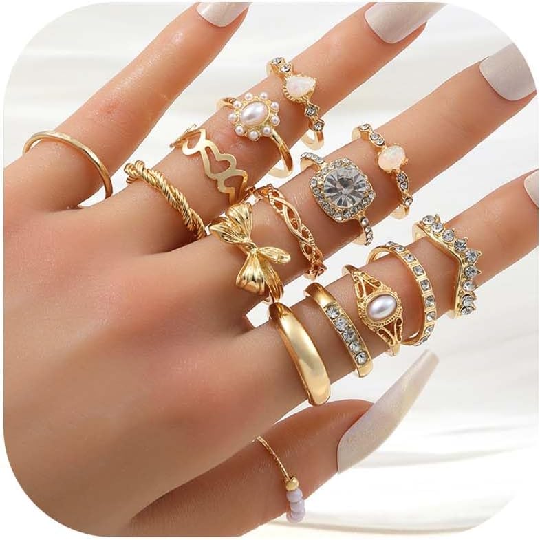 HUASAI Dainty Bow Rings for Women Pearl Statement Ring Chunky Gold Stackable Rings Knuckle Thumb Ring Trendy Jewelry Gift 2025 - Image 8