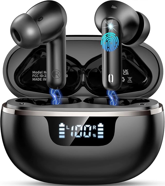 Auriculares Inalambricos Bluetooth, Auriculares Bluetooth 5.4 con 4 ENC Cancelacion Ruido HD Mic, 48H Estéreo HiFi In-Ear Cascos Inalambricos Running IP7 Impermeable/Pantalla LED/Carga Rápida Tipo-C