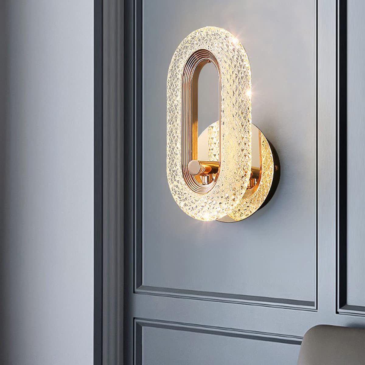 LOGT 8W LED Wall Lamp Indoor Dimmable, Modern Crystal Wall Lamp Gold Oval Ring Wall Lighting Crystal Bedroom Bedside Lamp Living Room Lighting Decoration Light for Dining Room Stair Hotel