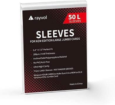 Jumbo Card Sleeves L Size 5.4x7.4 Inch for Oversized Cards 50 | Protects oversized TCG cards with clear L-size sleeves measuring 5.4 x 7.4 inches for secure storage and display.