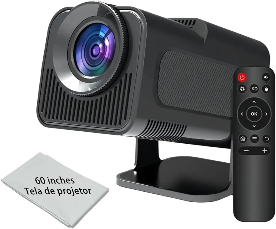 Projetor Portátil HY320 Mini - Tela 60" para Casa e Viagem Wi-Fi 6 Bluetooth 5.1 Android 13 4K HD 160 ANSI Lumens 30.000h Vida Útil Inclui Controle e Cabos