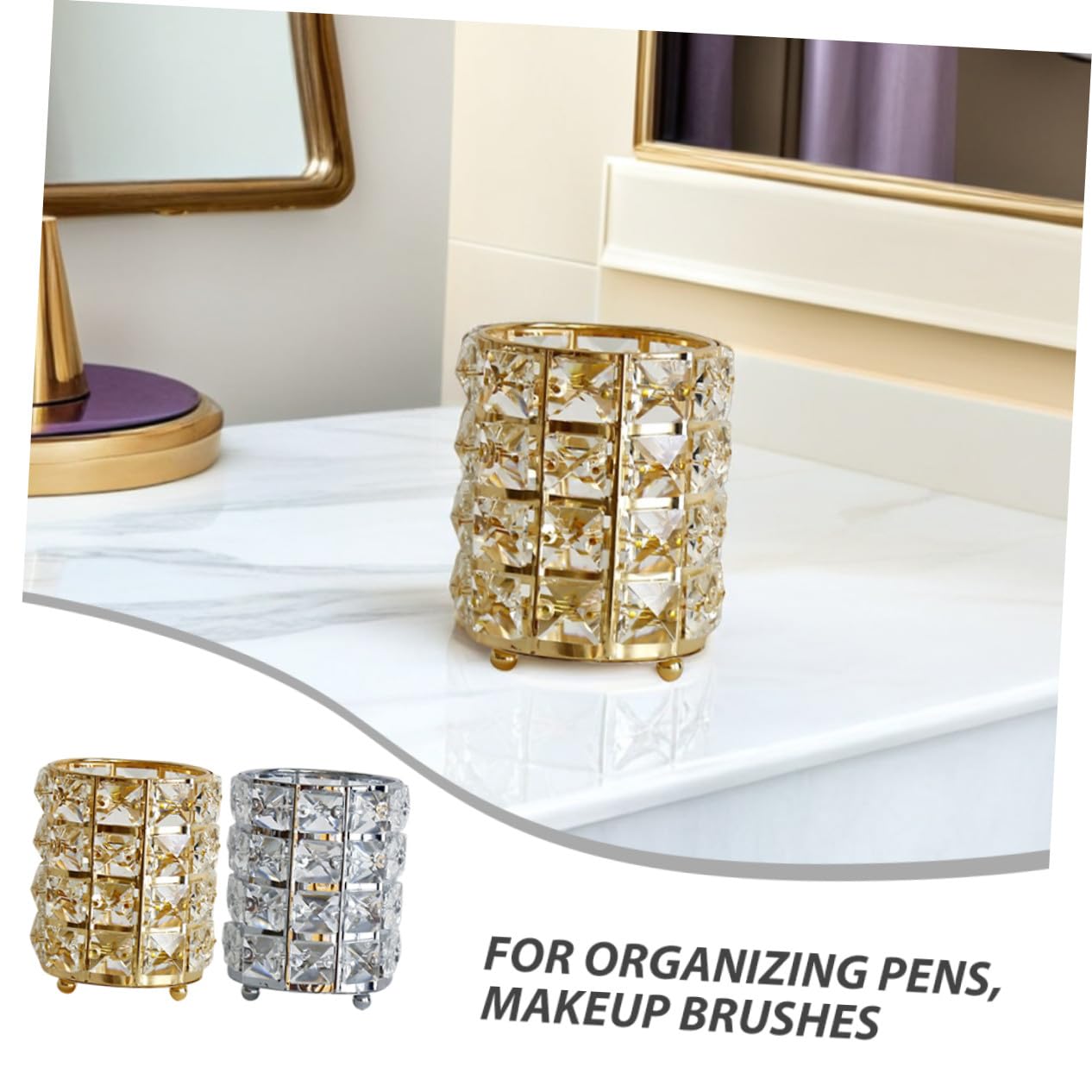 2 Pezzi Portapenne in Vetro con Supporto in Ferro Organizer Elegante per Scrivania Ufficio Studio e Tavolo Design Oro e Argento