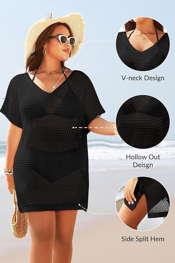 Yonique Plus Size Swimsuit Cover Up - Crochet Swim Cover Up 2025 Bathing Suit Short Sleeve Beach Dress - Image 4
