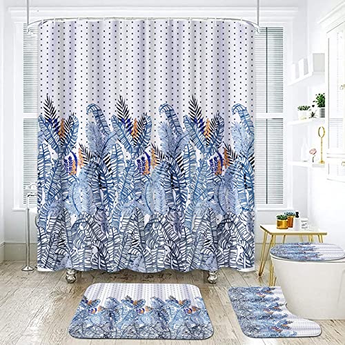 Duschvorhang-Set mit Blättern, Stoff, tropische Palmenblätter, Farn mit Punkten, Badezimmer-Vorhang, blau, Set mit… – Bild 4
