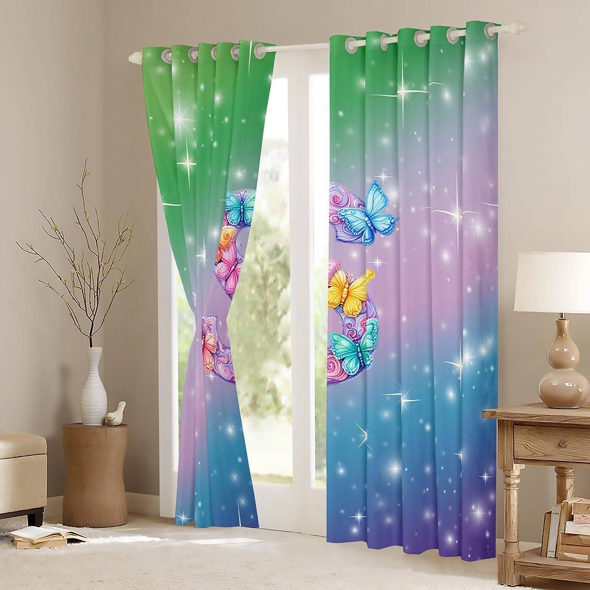 Initial Letter S Curtains,Kids Adults Teens Room Decor Watercolor Butterfly Kids Teens Boys Girls Window Treatment Curtain,Rainbow Gradient Themed Window Drapes,Top 2 Panel,38Wx45L