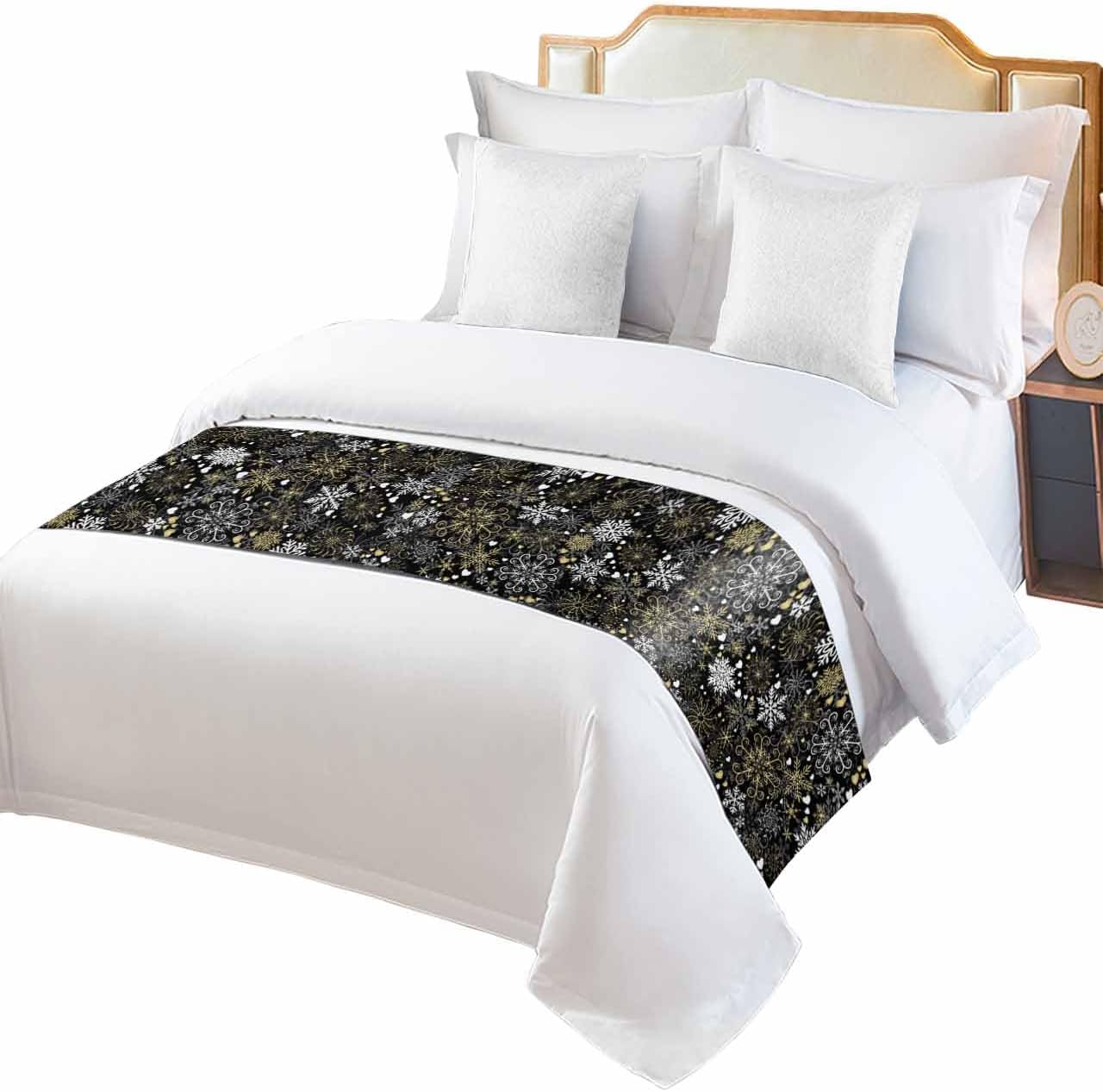 Abstract Gold Christmas Snowflakes on Black Bed Runners for Bedroom Hotel,Decorative Bedding Scarf Love Heart Bed End Blanket Bedding Runner Scarves for King Size Beds,102x20in