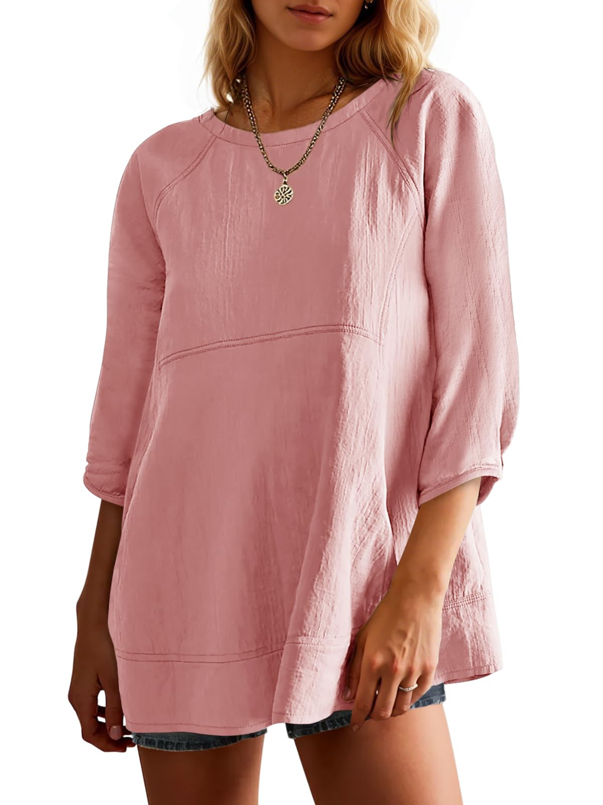 Tankaneo Tunique d'été décontractée à manches 3/4 pour femme - Style péplum fluide