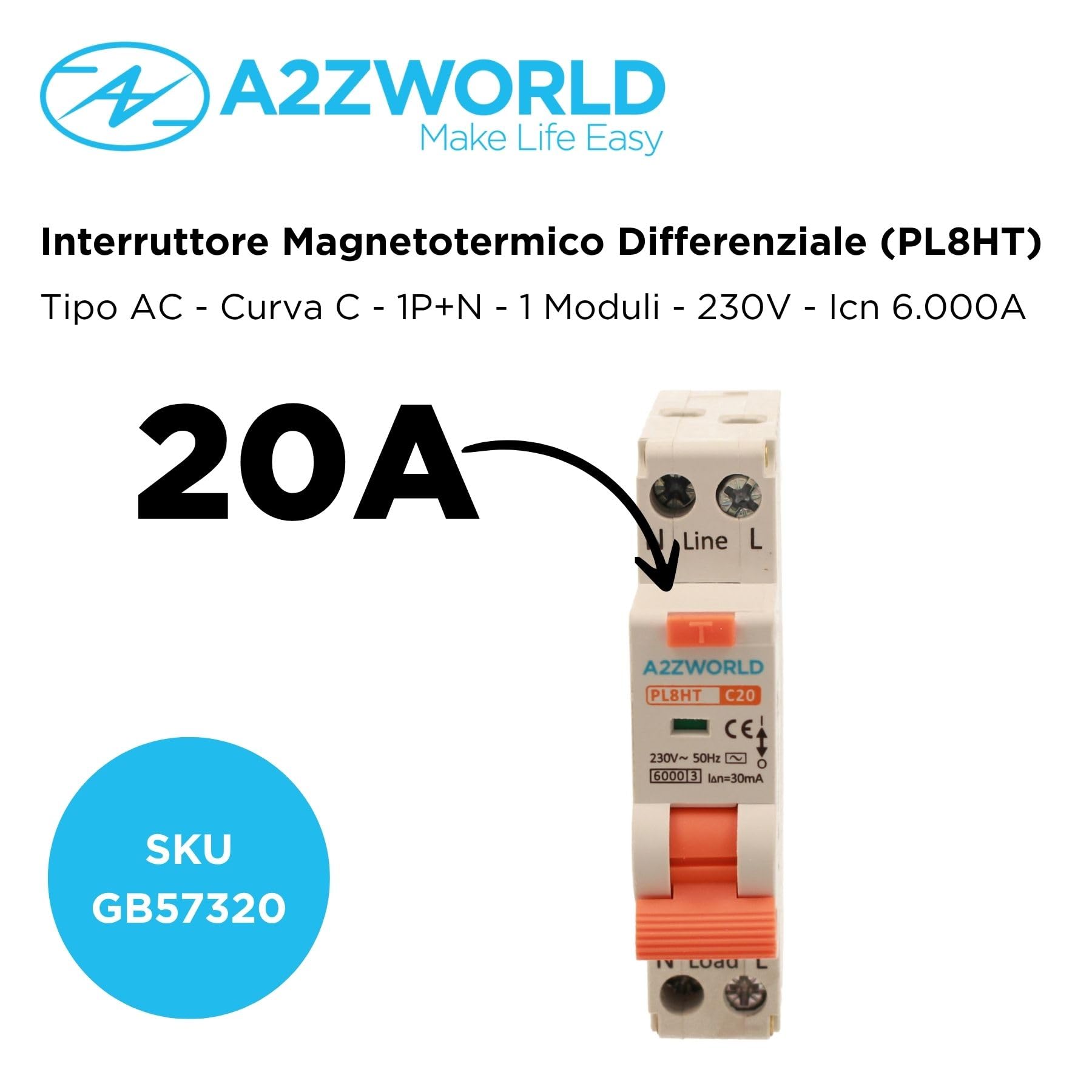 Interruptor diferencial magnetotérmico 1 módulo 20A C20, 1P + N 6kA 30mA 220V, RCBO Slim Tipo AC Curva C, Serie PL8HT Profesional