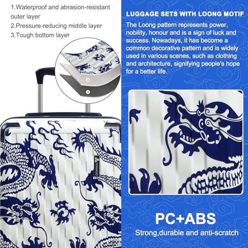 Somago 3 Piece Luggage Sets Lightweight PC+ABS Hardshell Travel Suitcase with Spinner Wheels TSA Lock YKK Zippers Corner Protection Loong Cultural Design(13"/20"/24", White)3