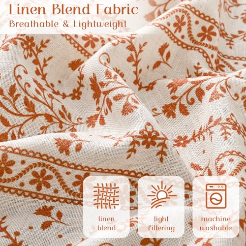 Image of Yinhua Boho Kitchen Curtains 36 Inch Length Vintage Linen Cafe Curtains Light Filtering Bohemian Floral Tier Rod Pocket Farmhouse Rustic Tassel Small Drapes with Tiebacks, 2 Panels, White Orange