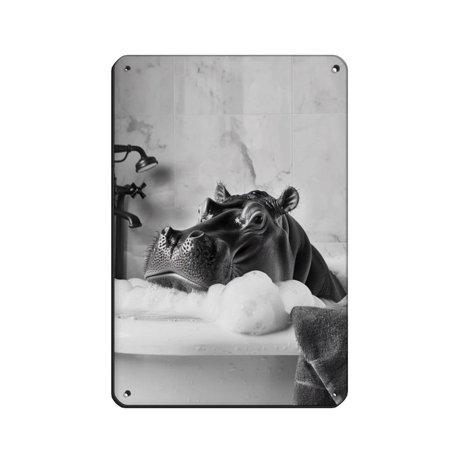Hippo in The Bathtub, Funny Animal Poster Retro Poster Metal Tin Sign Chic Art Retro Iron Painting Bar People Cave Cafe Family Garage Poster Wall Decoration 8x12inch(20x30cm)