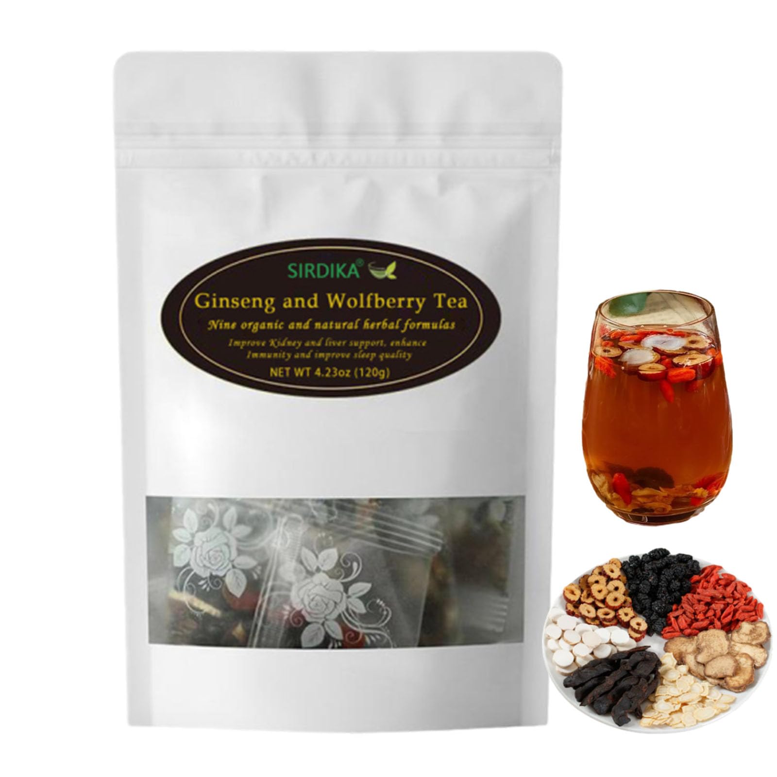 Qiuumey Ginseng And Wolfberry Tea, Organic Kidney Cleanse Chinese Herbal Tea For Men And Women (120g, 10 Bags x 12g)