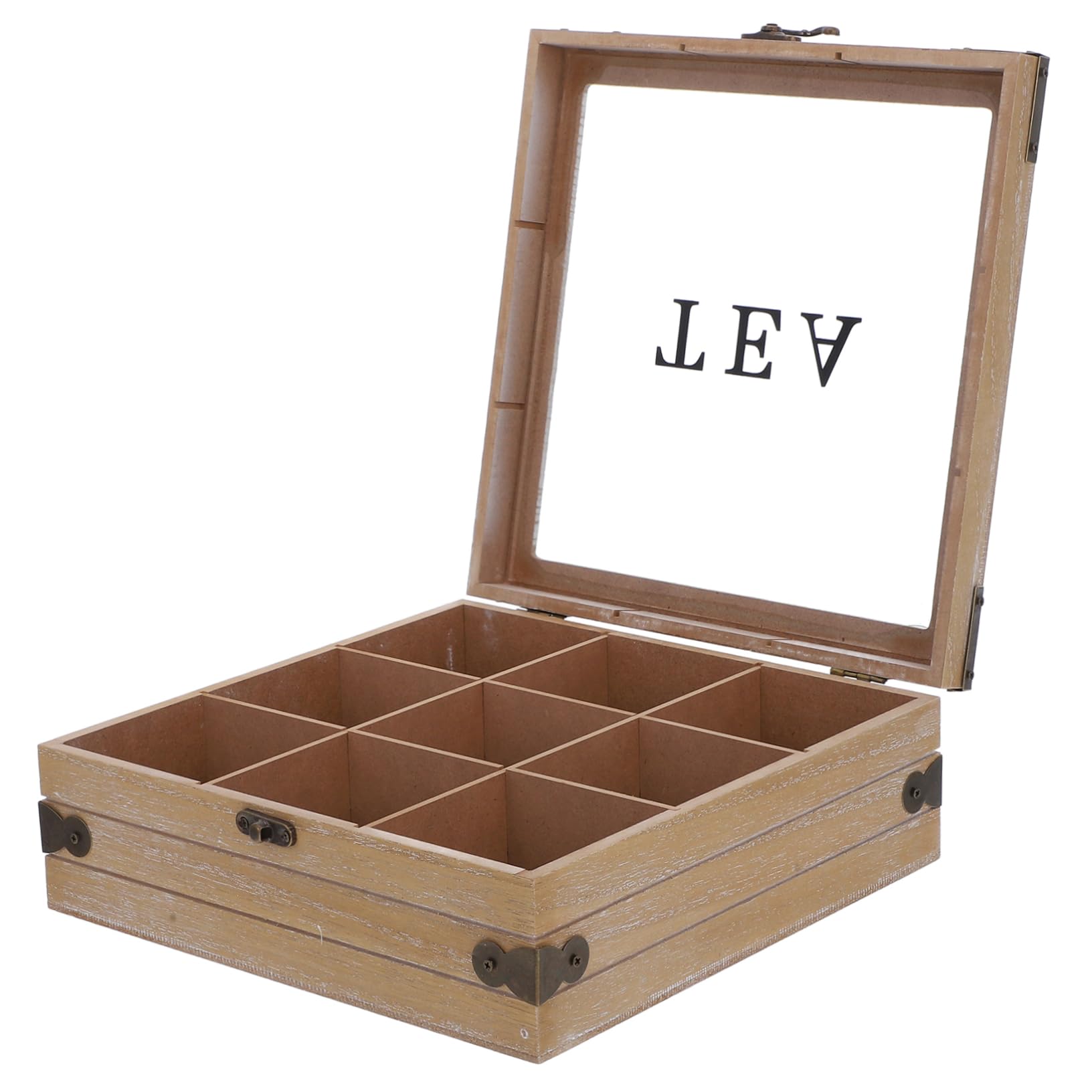 Caja Organizadora de Té de Madera con Tapa de Vidrio y Compartimentos
