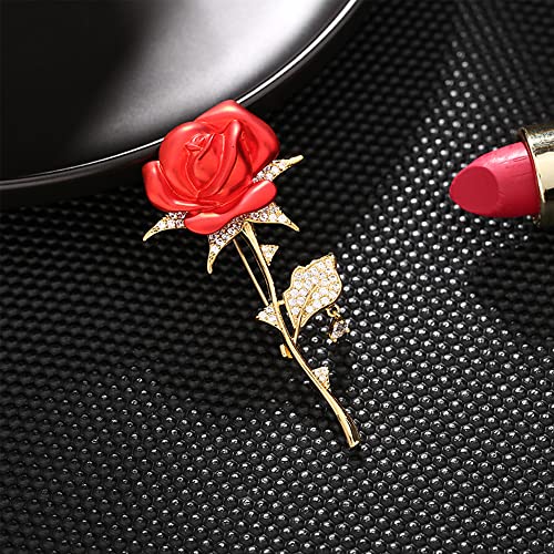 Image of Anmpab Rhinestone Rose Flower Brooch Pin for Women Red Green Crystal Big Leaf Brooch Lapel Pins Elegant Dress Accessories Jewelry Boutonniere Corsage for Hat Bag Suit Tie Valentine Wedding Mother Day