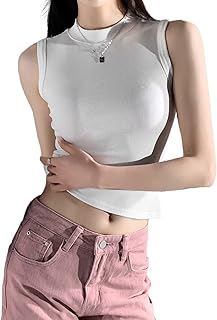 [優億] モックネック タンクトップ レディース ショート丈 トップス ハイネック ノースリーブ Tシャツ カットソー へそ出し シンプル クロップトップ 通気 肌触り良い 快適 痩せ 肌着 下着 重ね着 夏 着痩せ