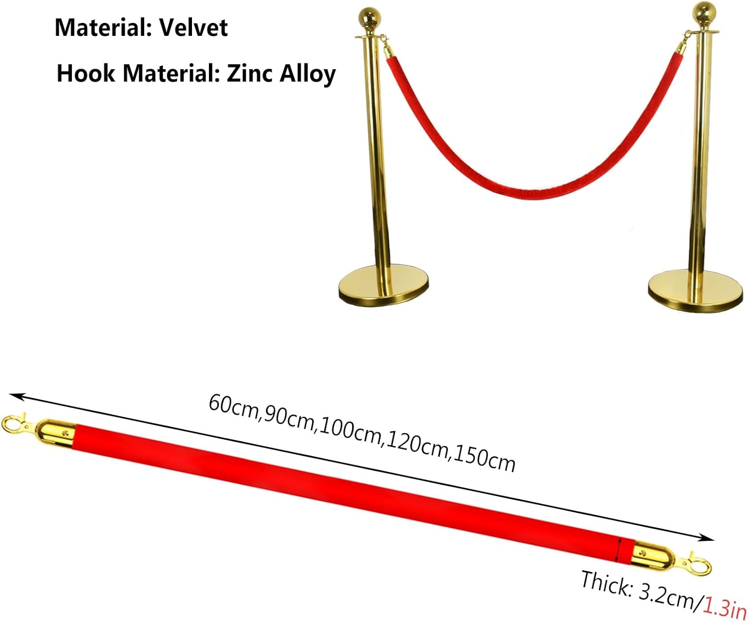 Luxurious Velvet Rope Barrier Set - 2pc 39inch Red Carpet Stanchion Ropes with Snap Ends for Event Decorations, Hotels, Museums, Concerts, Parties