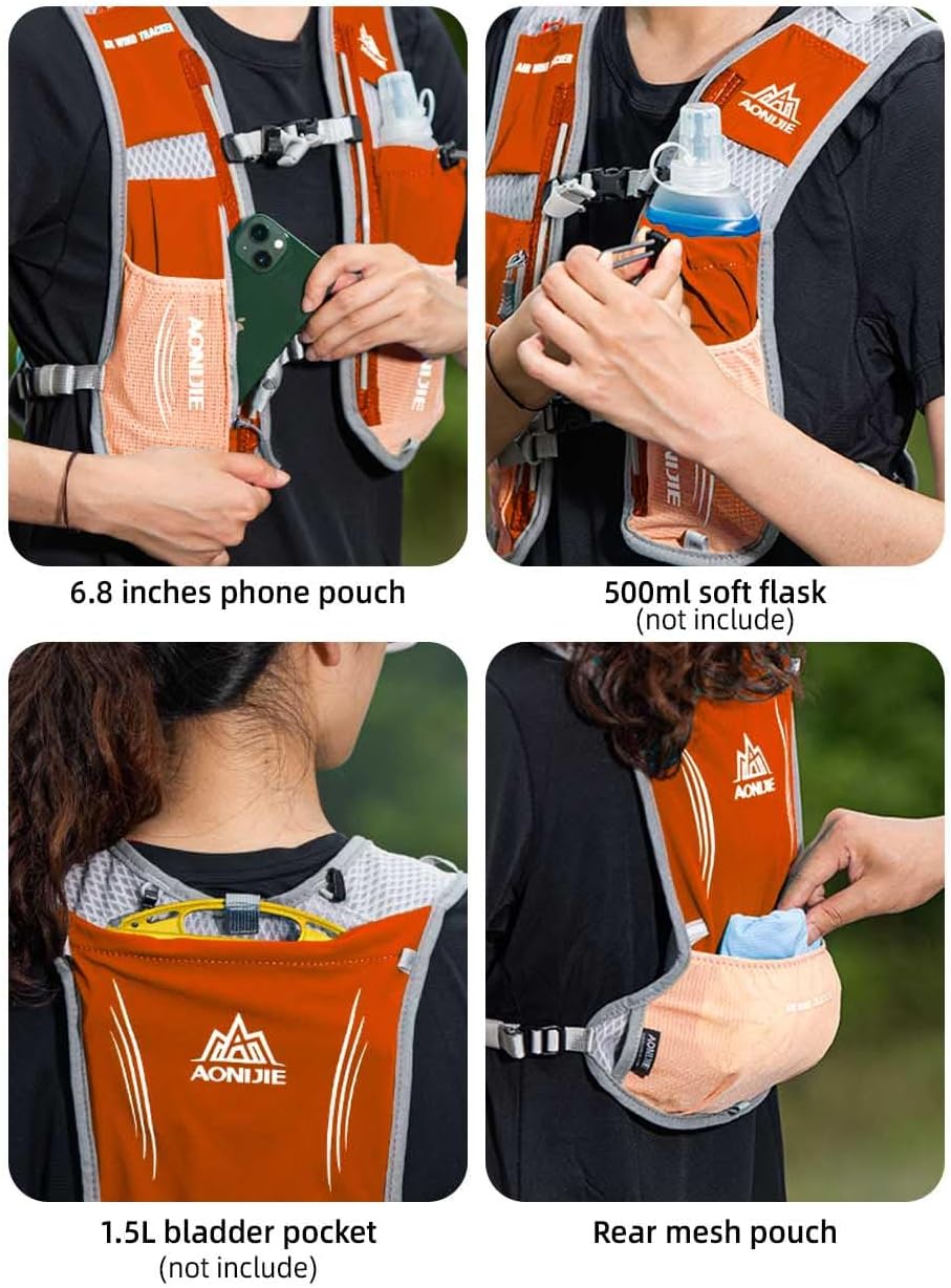 AONIJIE Running Hydration Vest for Women Men, Fit for 1.5L Bladder 6.8 Inches Phone, 5L Capacity Hiking Pack Backpack Ideal for Marathon Training, Hiking, Biking, Trail and Walking