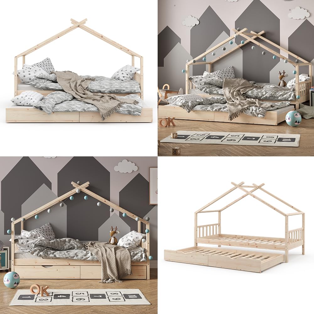 VitaliSpa Cama en Forma de casa Design, Madera Natural, 90x200 cm | con cama de invitados, con barrera de protección anticaídas y somier para un descanso seguro
