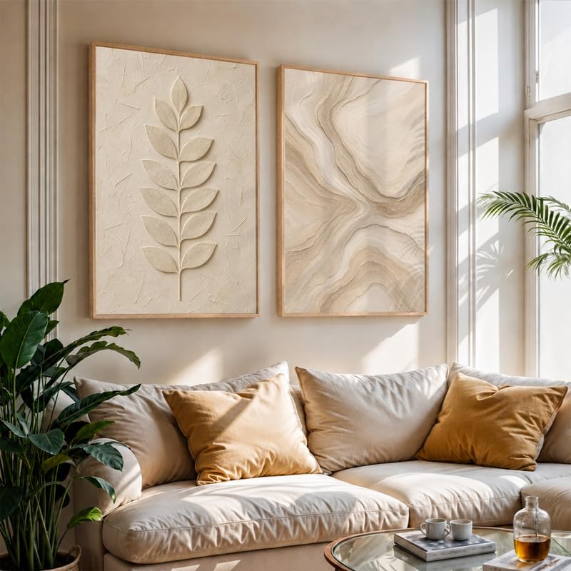 Image of NoWorries Minimal Leaf Wall Painting Set of 2 with Frame | Neutral Beige Botanical Leaf & Abstract Marble Texture Artwork, Modern Nature Wall Decor for Living Room, Bedroom, Office and Home Decoration (Art-4, 17x25inch)