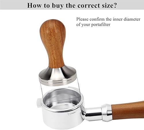 Miniatura 4 de DIBTSA Manipulador de café expreso de 2.008 in, con base plana de acero inoxidable 304 y mango de madera para portafiltro