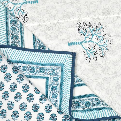 Image of BLOCKS OF INDIA 100% Cotton Dohar King Size Reversible Hand Block Printed Malmal Summer Dohar /Blanket (Blue Tree)-300 TC