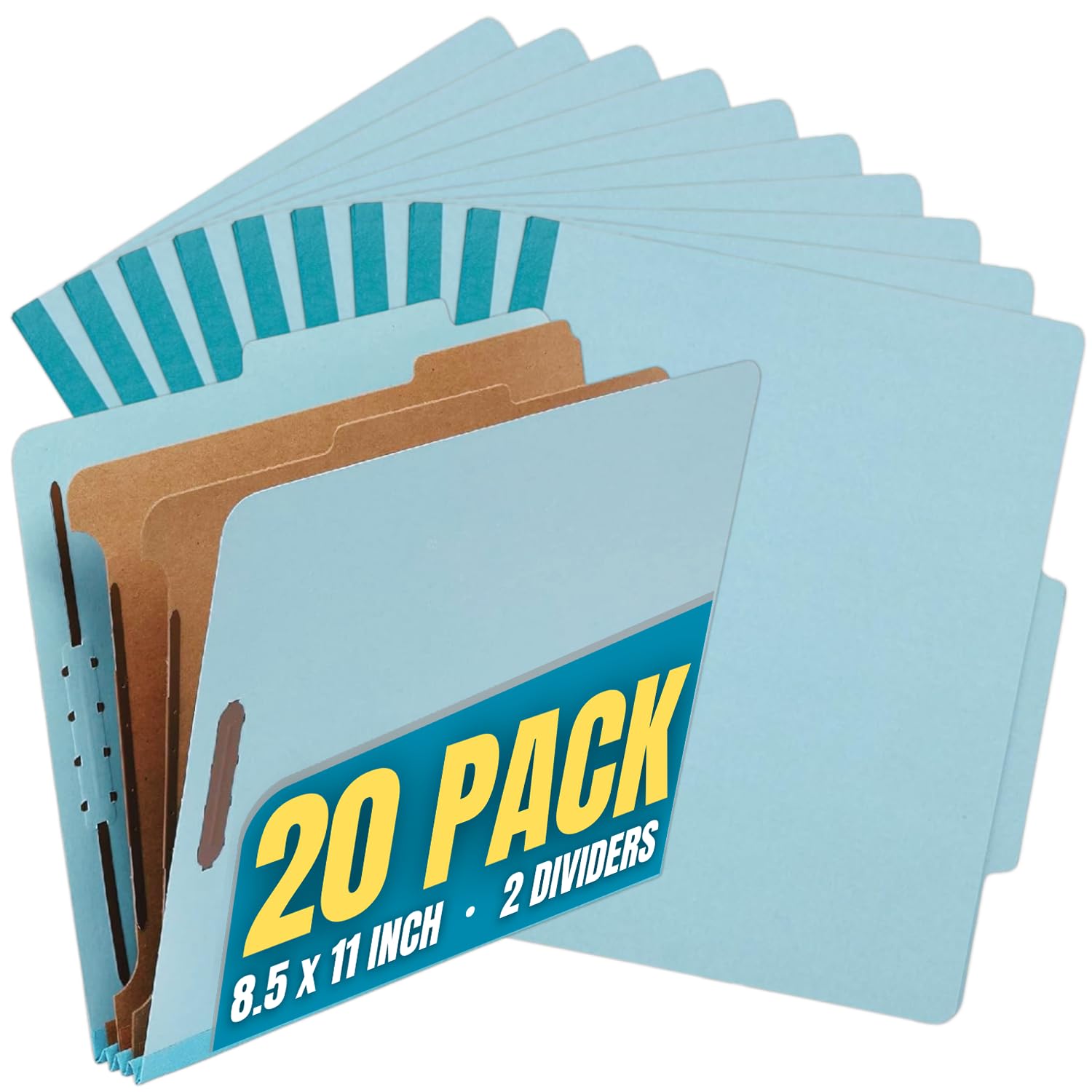 1InTheOffice Carpeta de clasificación para tablones prensados, 2 divisores, 2.5 pulgadas de expansión, tamaño carta, azul claro, 20 piezas