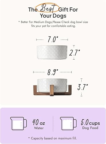 Miniatura 6 de LE TAUCI Cuencos de comida para perros, 3 tazas de cerámica para perros con soporte de madera de acacia, cuenco de agua para perros pequeños y