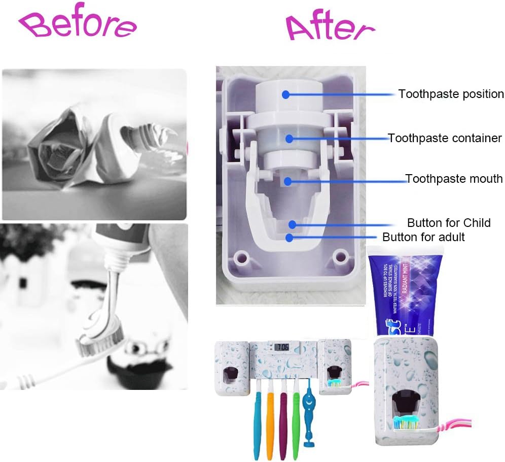 Wekity Toothbrush Holder with Double Combination Automatic Toothpaste Dispenser Toothpaste Holder with Electronic Watch 5 Toothbrush Grooves, Super Strong Stickers and Screws for Bathroom(White)