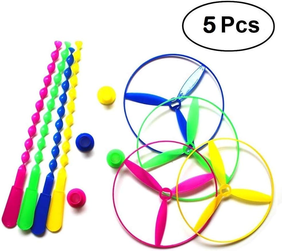 simple days 5 pcs/set bamboo dragonfly plastic flying saucers pull string spinning wheel outdoor toy- Multi color