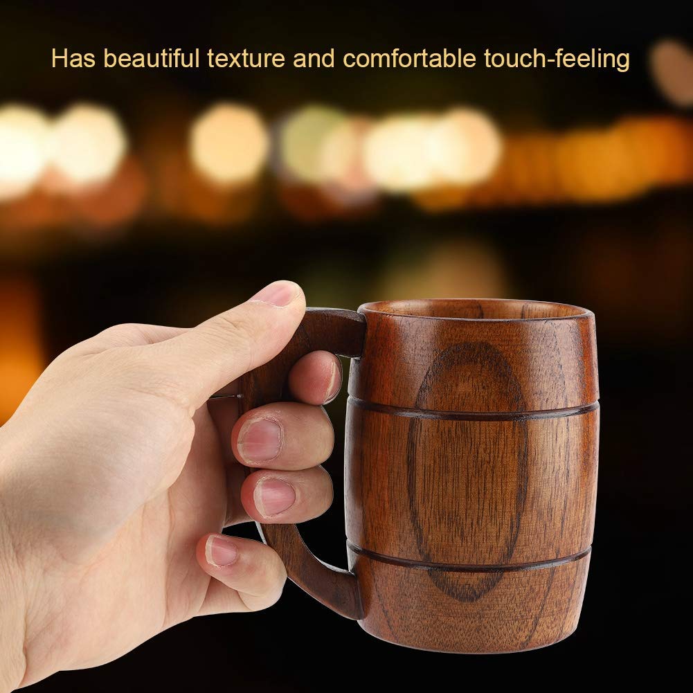 GOTOTOP 350mL Wooden Beer Mugs Handmade Retro Brown Tea Water Classic Drinking Mug with Handle for Wine Coffee Tea, Gift Drinking Cup for Men Women