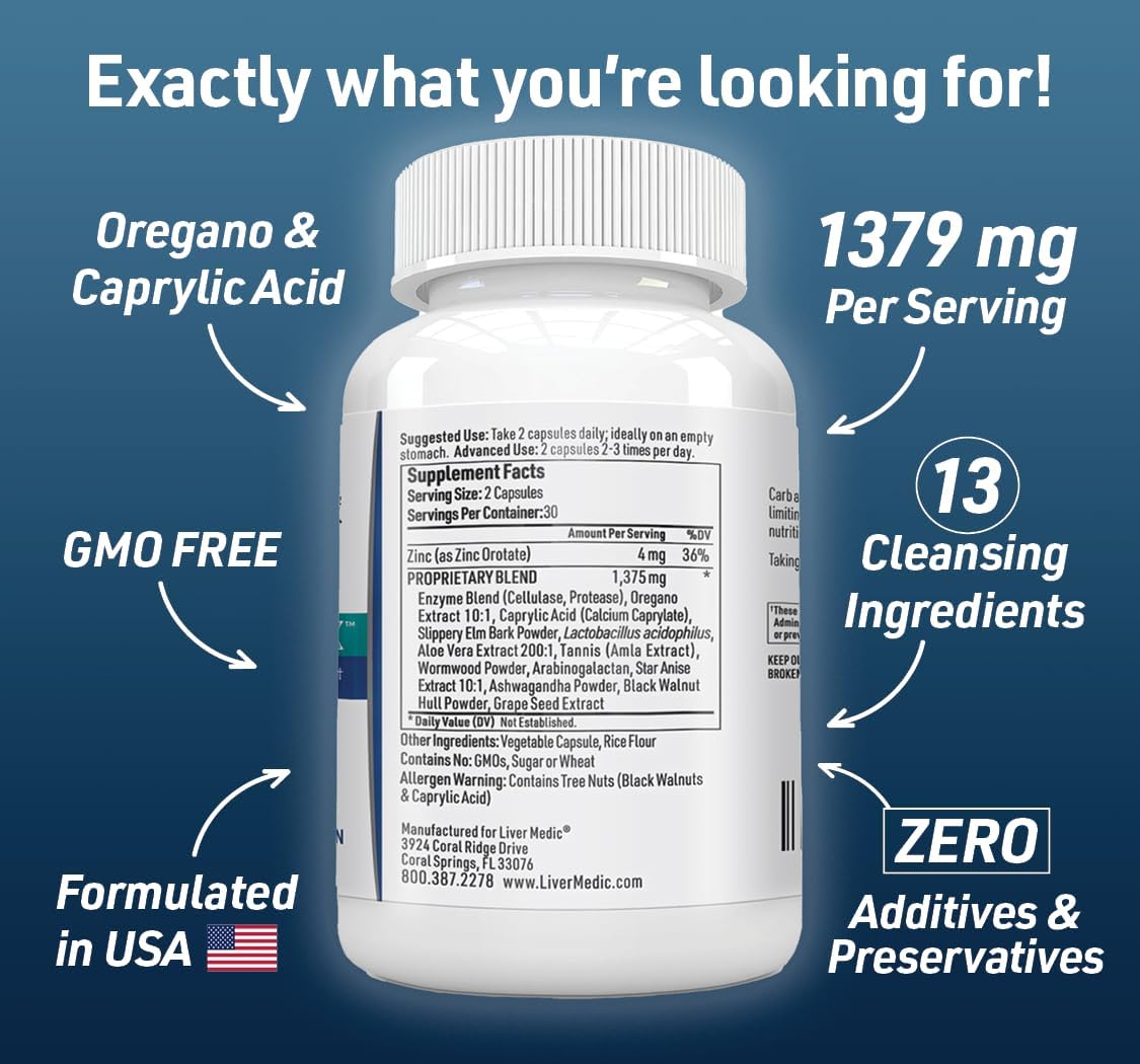 Candida Complex Digestive Enzymes Probiotic Cleanse Supplement Oregano Oil, Wormwood, Black Walnut Hulls, Slippery Elm, Ashwagandha, Caprylic Acid, Grape Seed Extract, NonGMO 120 Caps