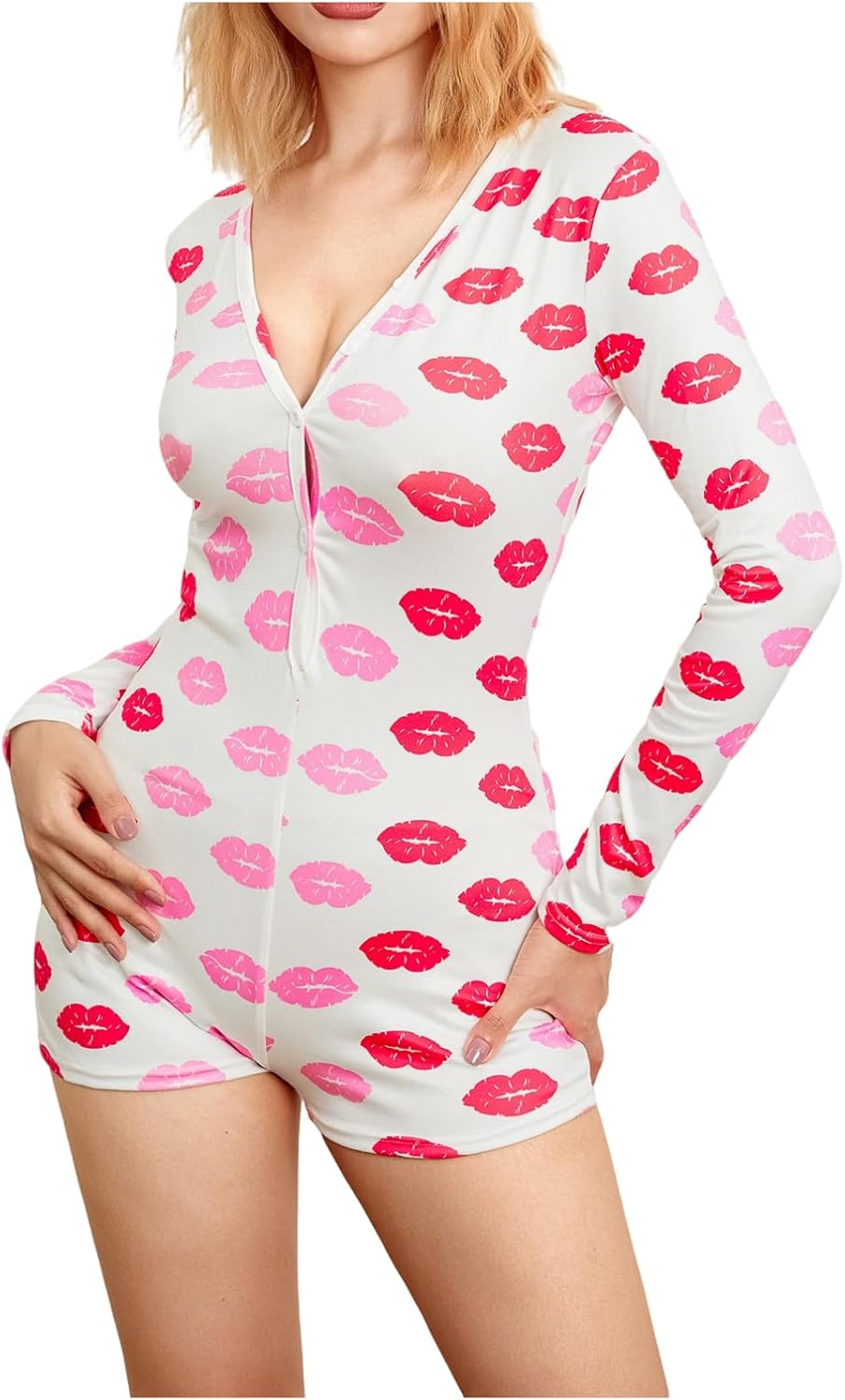 Women V Neck Shorts Jumpsuit Butt Flap Bodycon Romper Overall Sleepwear Printed Pajama Long Sleeve Bodysuit - Image 4
