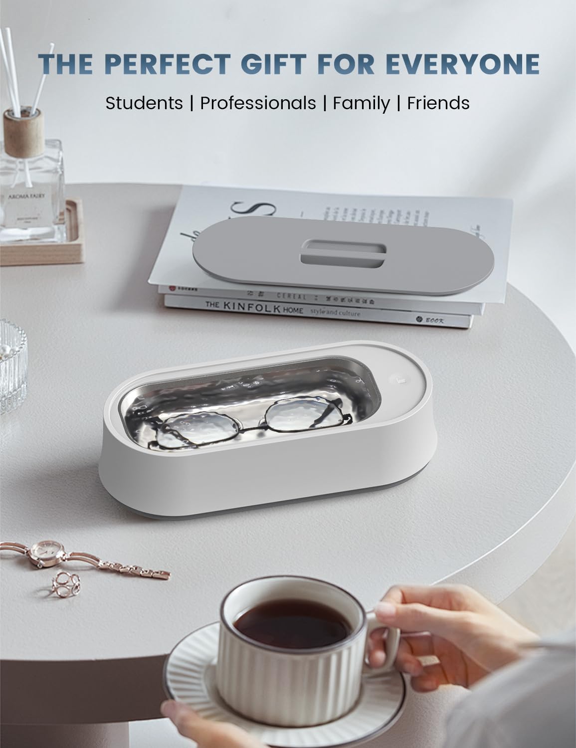 Ultrasonic Jewelry Cleaner, 45kHz Professional Ultrasonic Eyeglass Cleaner Machine with 14.88oz Stainless Steel Tank, Portable Cleaner for Glasses Rings Watches (White)