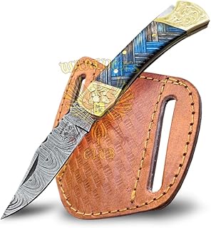 Handmade Damascus Pocket Knife with Sheath - WARLOCKS CLUB