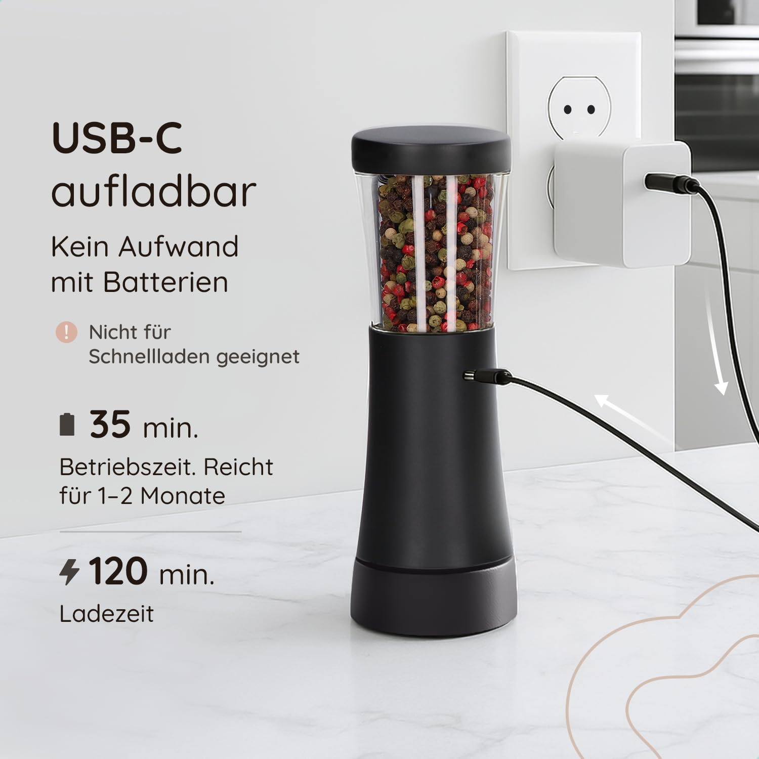 Salz und Pfeffermühle Elektrisch - Gustaro - 130ml - Einstellbarer Mahlgrad - USB-C Aufladbar - LED-Licht - Keramikmahlwerk - Matt Schwarz