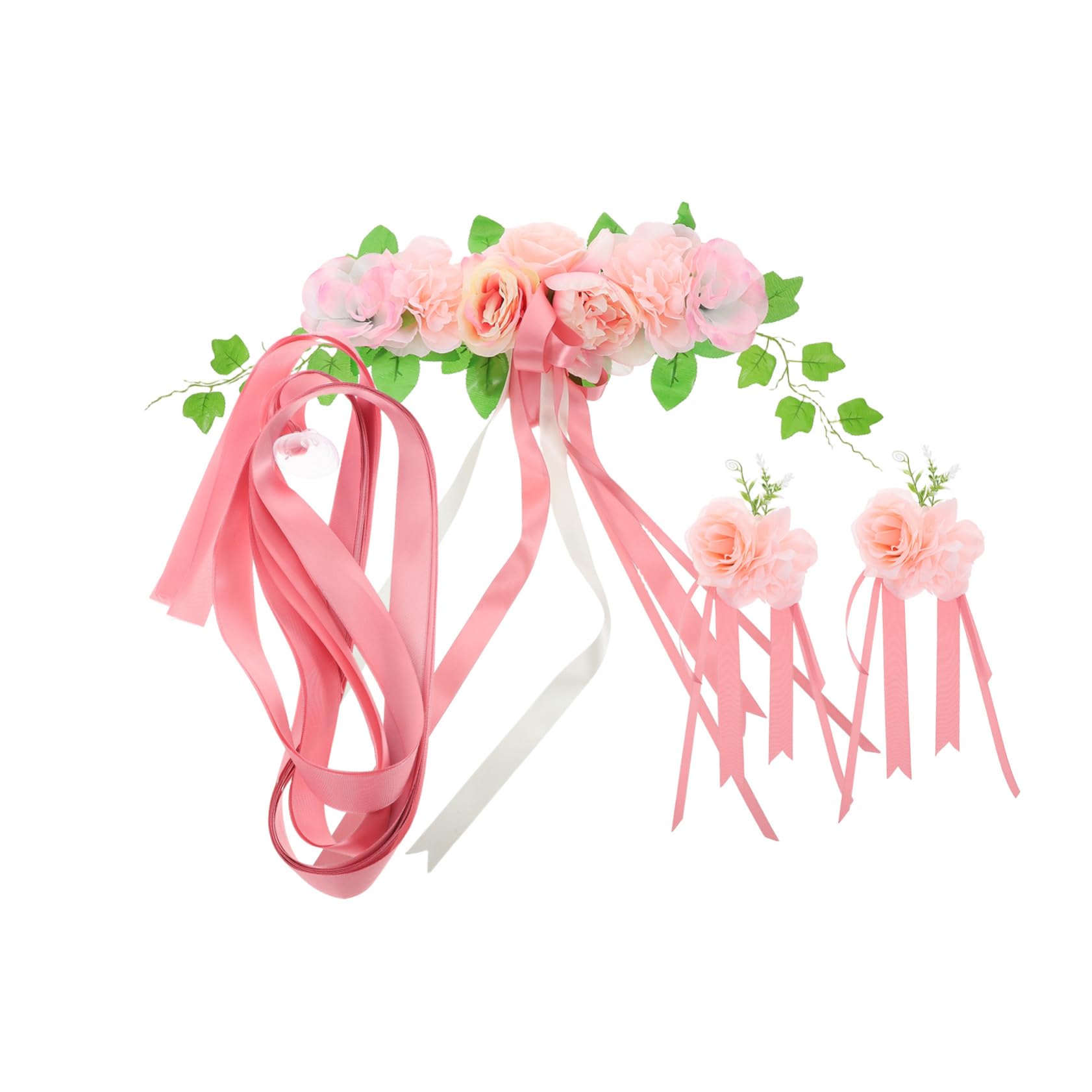 CLISPEED Ensemble de Décoration de Voiture pour Mariage, Fleurs Artificielles en Soie Rose, Ruban de Capot, Pose Facile, Style Élégant pour Cérémonie