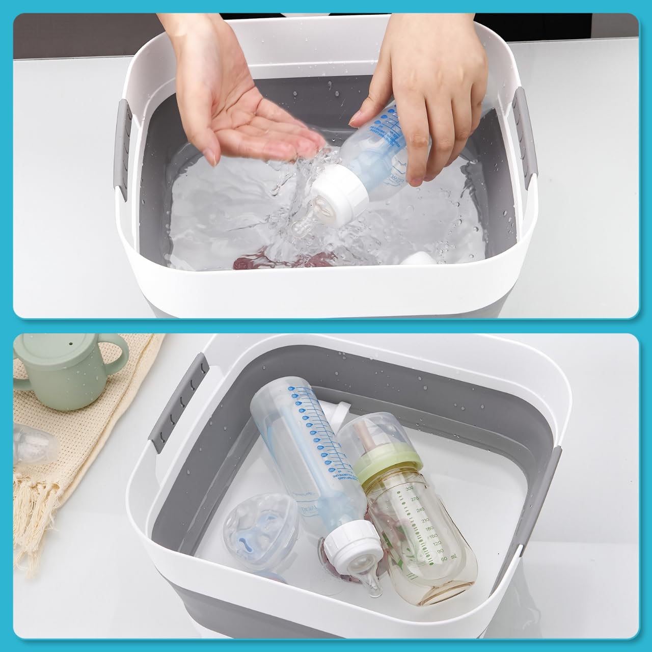 PandaEar Bacinella Pieghevole per Lavaggio Biberon, Vasca per Lavare con Tappo di Scarico per Accessori Neonato, Biberon, Tiralatte, Cucina, Campeggio e Viaggio