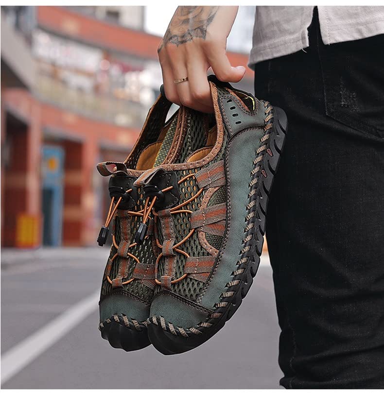 Leather Men Sandals Handmade Green Casual Shoes Platform Outdoor Men's Beach Sandals4