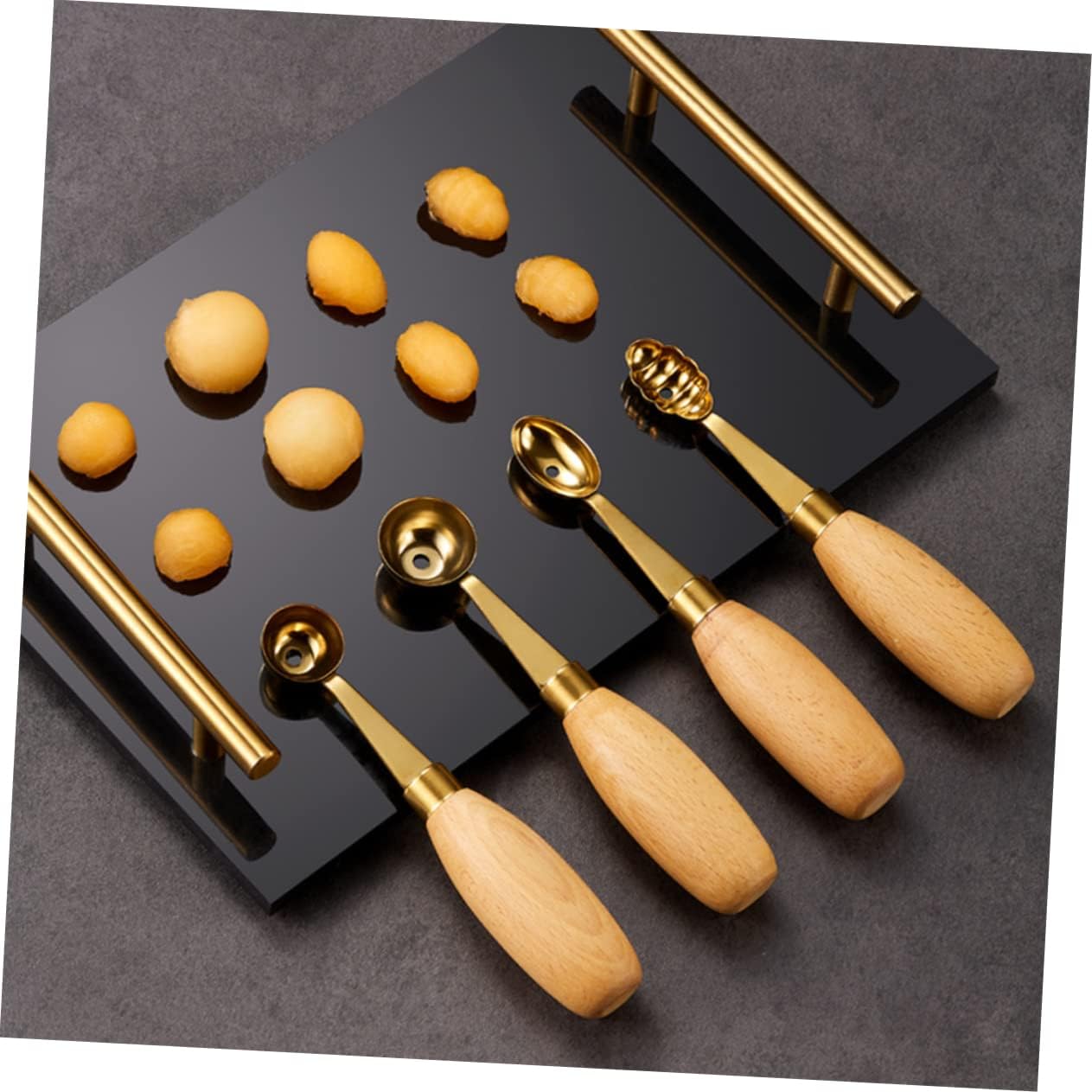 4pcs Stainless Steel Wood Melon Baller Scoop Kitchen Tool