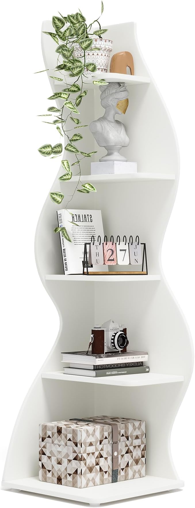 Corner Shelf, Modern 5-Tier Wall Corner Bookshelf, Stylish Corner Small Bookcase Storage Rack Plant Stand with Unique Shape for Living Room, Home Office (White, 1PC)