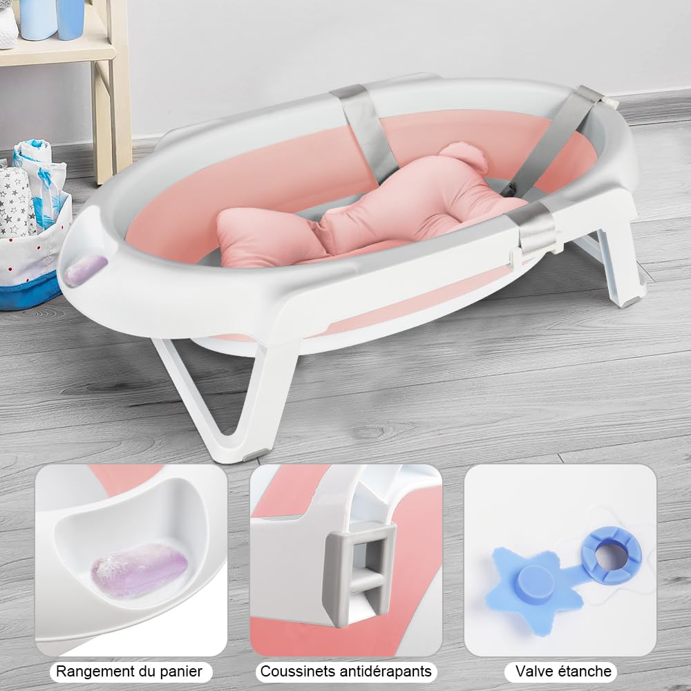 Bañera para bebé con soporte de 84,5 cm, bañera de bebe sobre pie, segura y cómoda, cuenca plegable para bebe con termómetro y cojín de baño (63 x 60 x 84,5 cm), color rosa