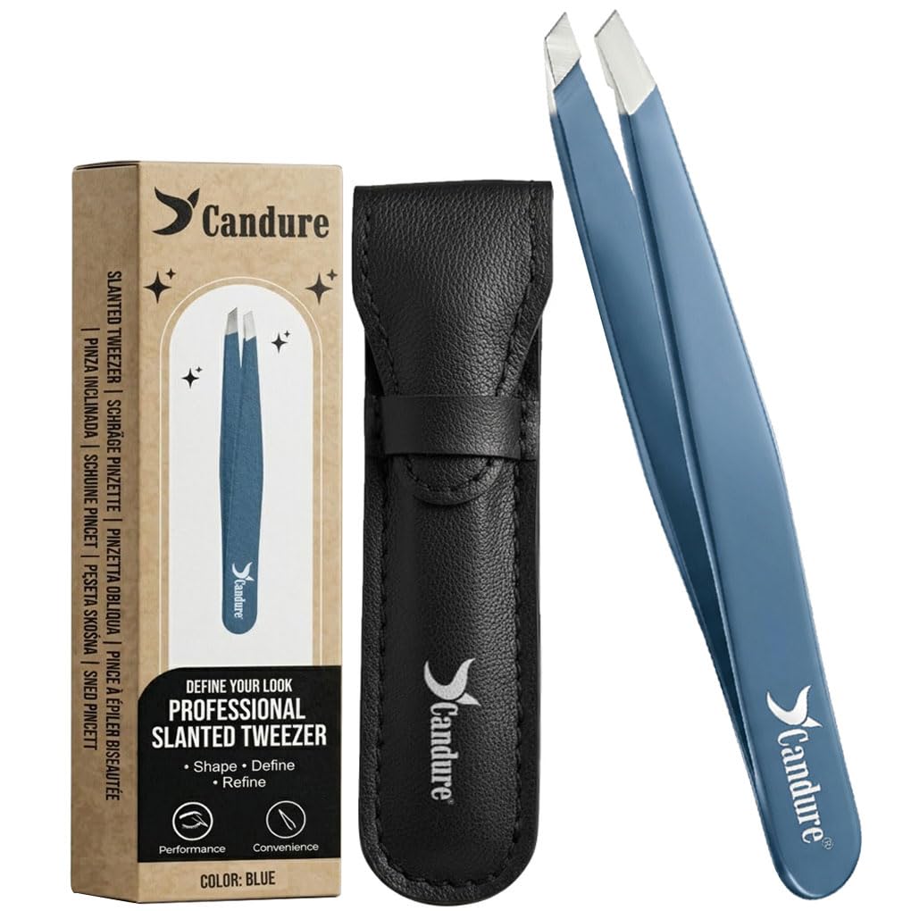 Candure Professional Slanted Tweezers for Men and Women – Precision Stainless Steel Tweezer for Brow, Chin, Facial Hair, Ingrown Hair & Plucking with Leather Pouch (Blue)