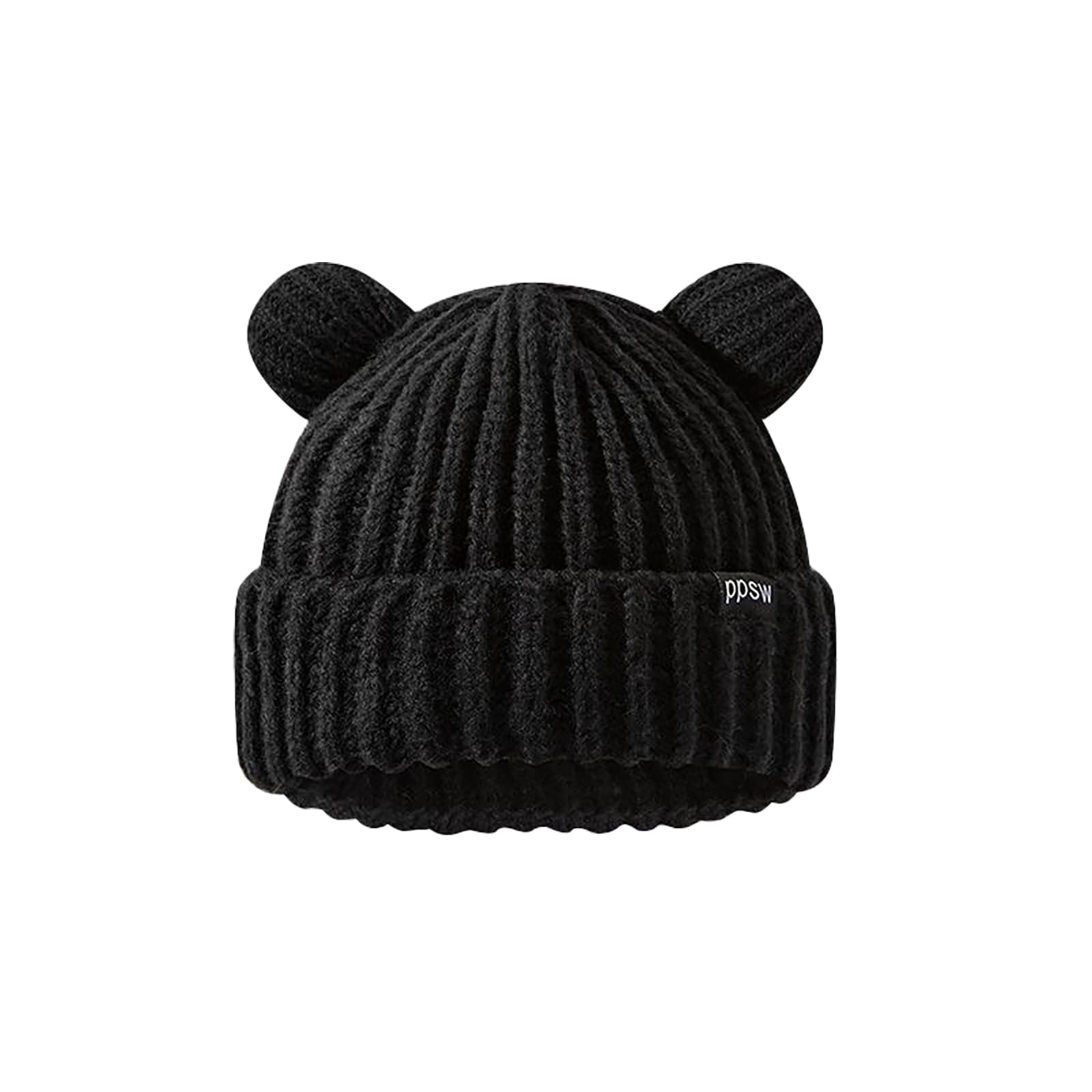 Vptmrp Unisex Black Bear Ear Beanie Knit Warm Slouchy Crochet Hat, M-L