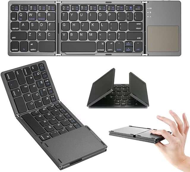 Folding Bluetooth Keyboard, Portable Mini Ultra-Slim Wireless Keyboard with Touchpad for iOS, Android, Windows, PC, Tablet, Smartphone with Built in Rechargeable Battery