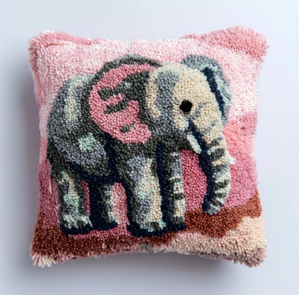 FWRTYCB Latch Hook Pillow Kit,Baby Elephant DIY Needlework Pillow Cover