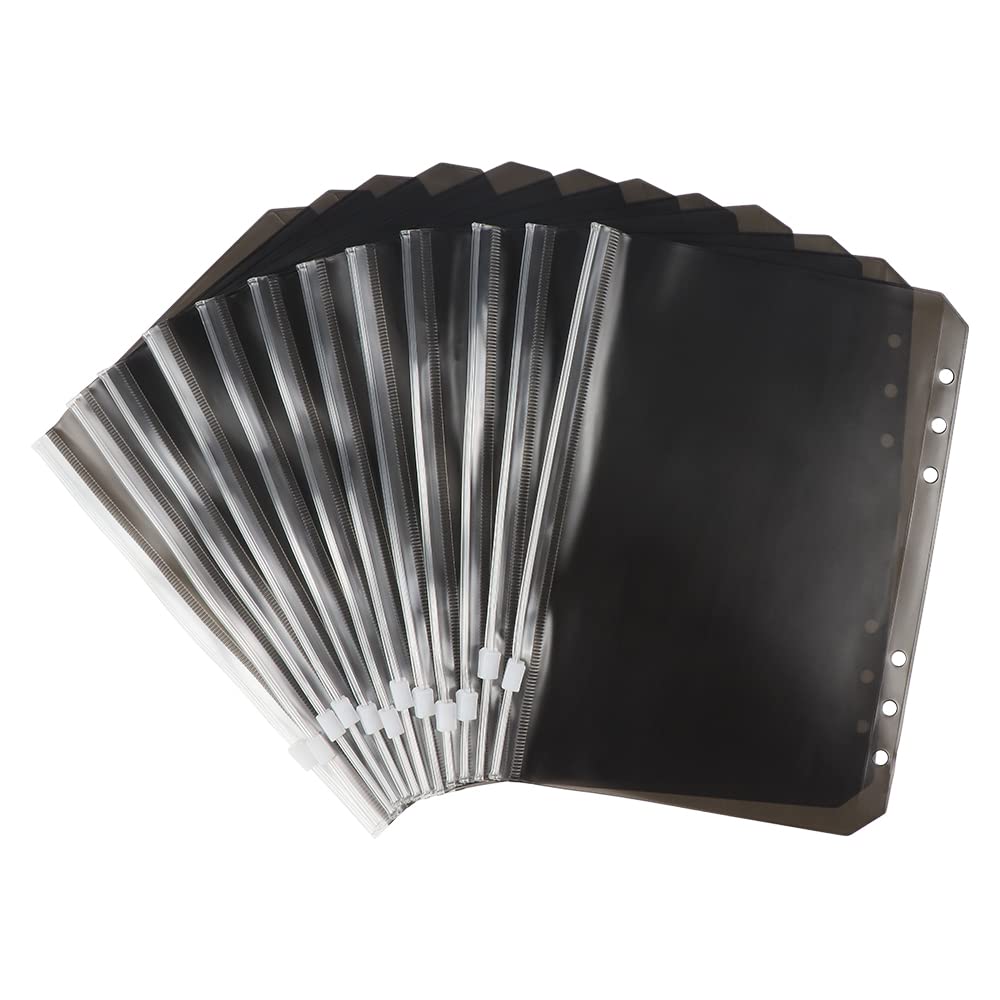 A5 Binder Pockets, Black Zipper Binder Pouches, Translucent PVC Cash Budget Envelopes, 12pcs 6 Hole Zipper Document Filing Bags for A5 Notebook Binder, Cash Organizer Folder (A5)