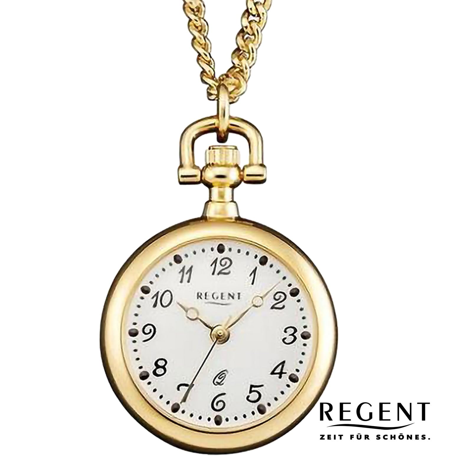 Regent Umhängeuhr mit Kette für Damen in der Farbe Gold mit Gehäuse aus Edelstahl, Wasserdichtigkeit: 3 bar, Gehäusedurchmesser: 25 mm, 12350040