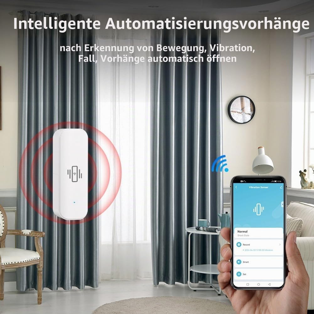 WLAN-Vibrationssensor, kabelloser Mini-Glasbruchmelder für Alarm und Smart-Home-Automatisierung, kein Hub erforderlich, kompatibel mit Tuya/für Smart Life App (6 Stück)